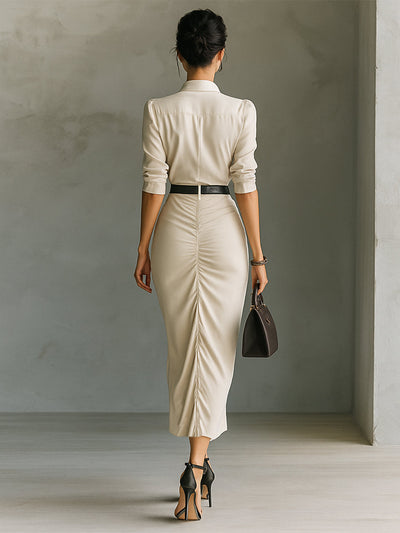 Maxi Jurk Dames Effen met Revers en Driekwart Mouwen