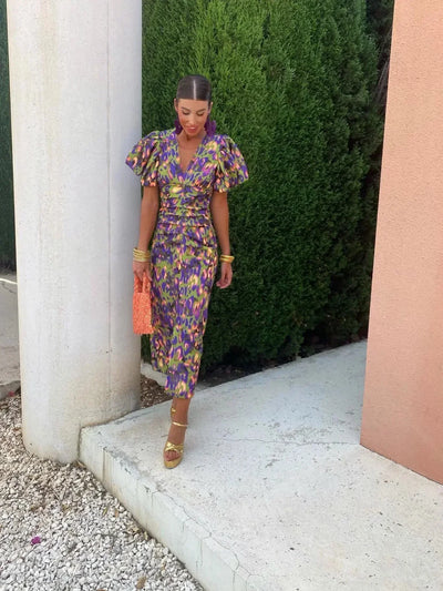 Loren - Midi-jurk met pofmouwen in levendige kleuren