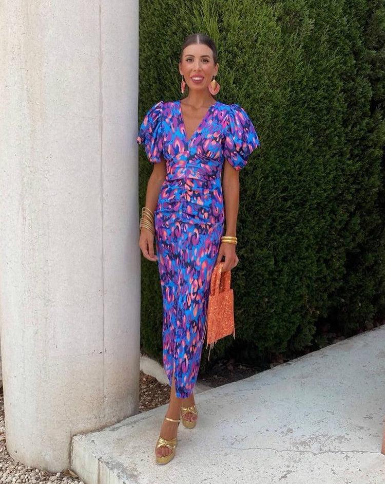 Loren - Midi-jurk met pofmouwen in levendige kleuren