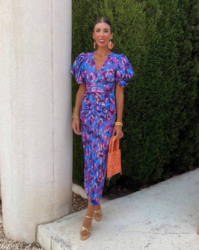 Loren - Midi-jurk met pofmouwen in levendige kleuren
